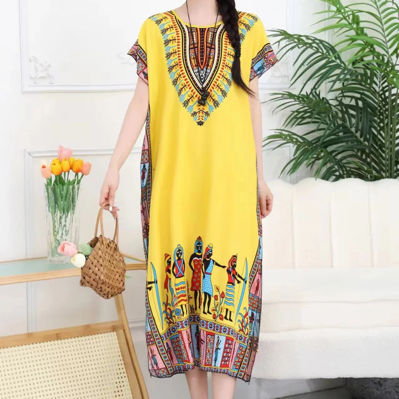 Retro Ethnic Print Batwing Sleeves Dress With High Slit