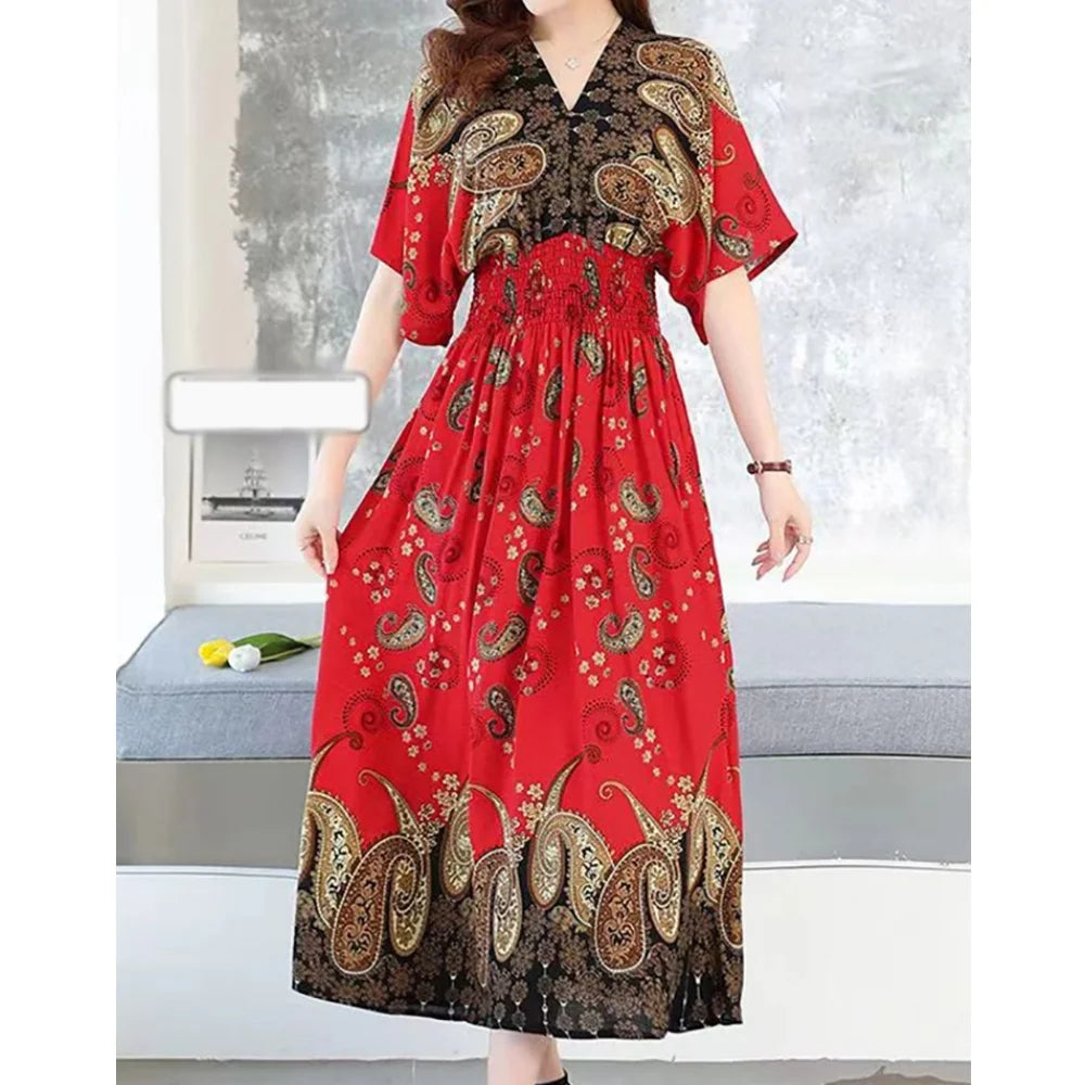 Sweet Countryside Printed Midi Dress V Neck Batwing