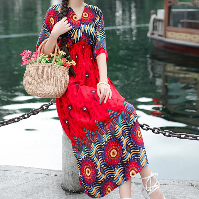 Chic Womens V Neck Vintage Boho Print A Line Dress Style