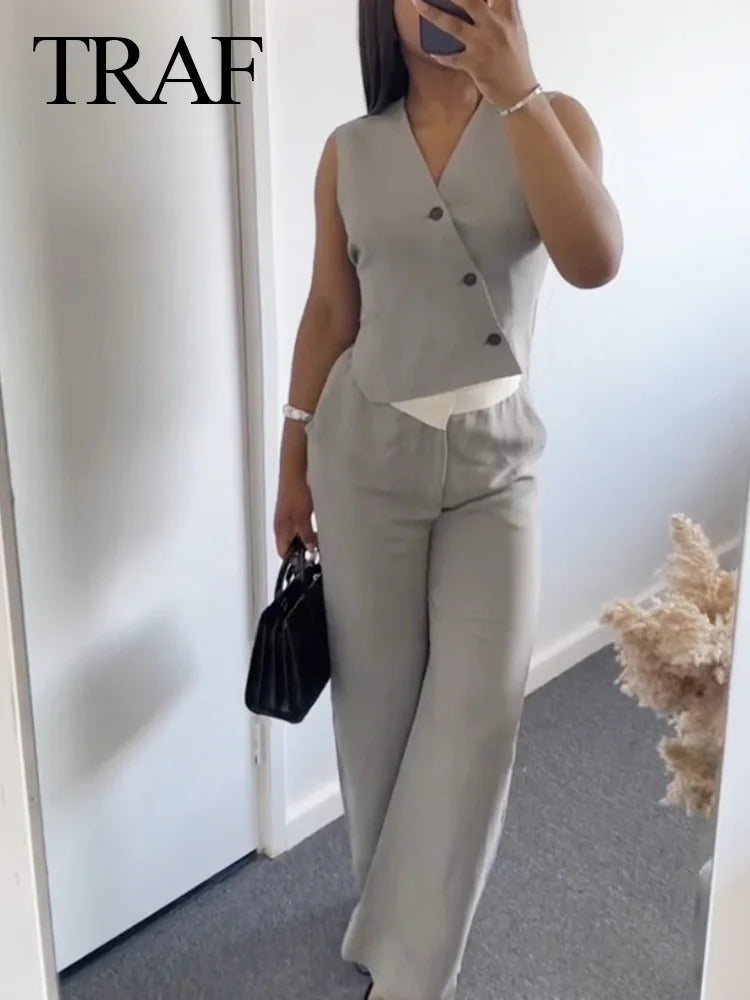 Women's Solid Grey Two Piece Set with Sleeveless Asymmetrical Vest and High Waist Wide Leg Trousers Casual Outfit