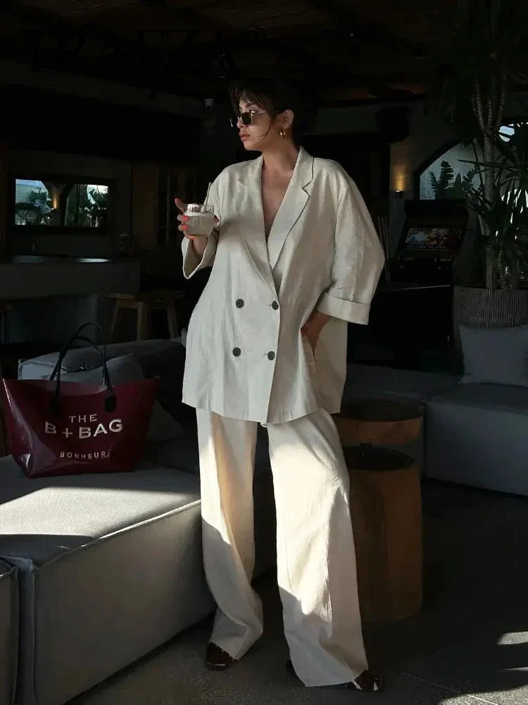 Elegant Women Blazer Pant Suit Set with Wrinkle Effect Double Breasted Long Sleeve Coat and Straight Trouser for Office Wear