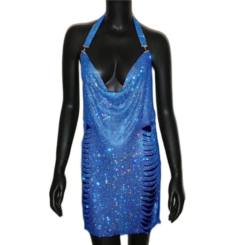 Backless Halter Neck Dress With Rhinestones Side Split