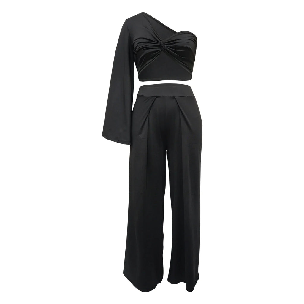 Women's Ruched One Shoulder Sleeve Crop Top and Wide Leg Pants Two Piece Set Outfit