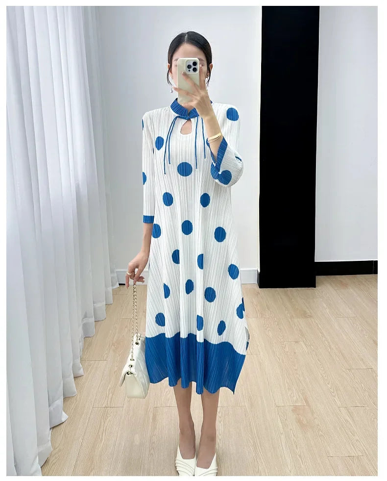 Polka Dot Pleated Dress for Women with Stand Collar