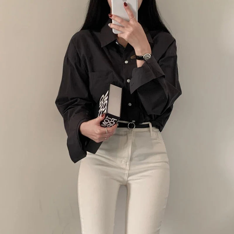 Long Sleeve Casual Office Blouse for Women with Lapel Collar and Pocket Loose Fit Comfortable Blue Shirt for Spring and Autumn