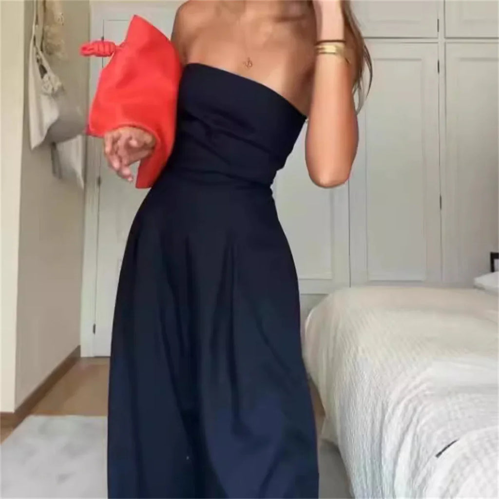 Solid Backless Off Shoulder Jumpsuit for Women Waist Cinching Wide Leg Pants with Pockets Elegant Summer Bodysuit Outwear