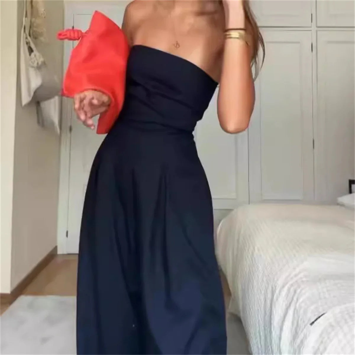Solid Backless Off Shoulder Jumpsuit for Women Waist Cinching Wide Leg Pants with Pockets Elegant Summer Bodysuit Outwear
