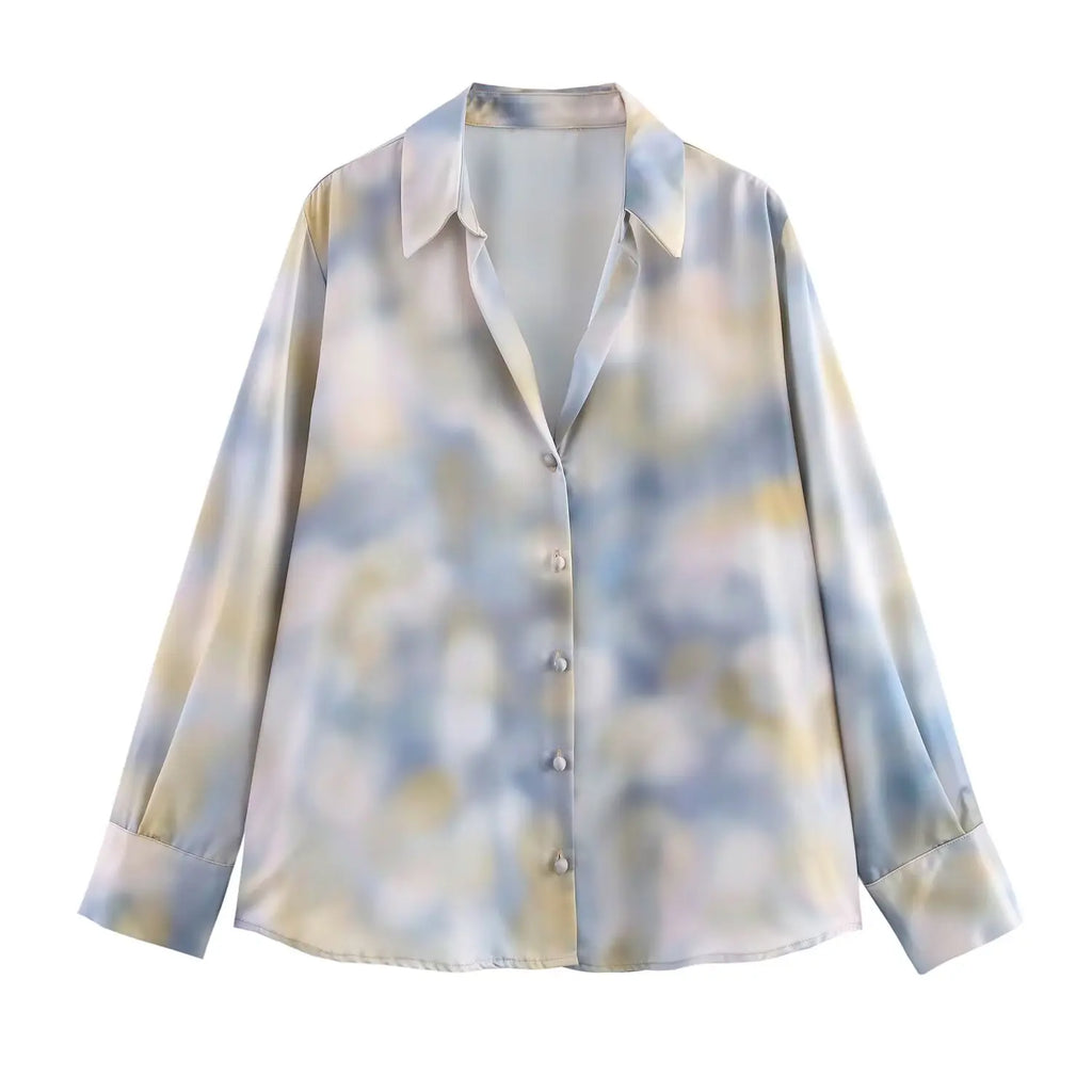 Women's Tie Dye Texture Vertical Collar Shirt with High Waist Slimming Skirt Set Spring Casual Chic Elegant Outfit