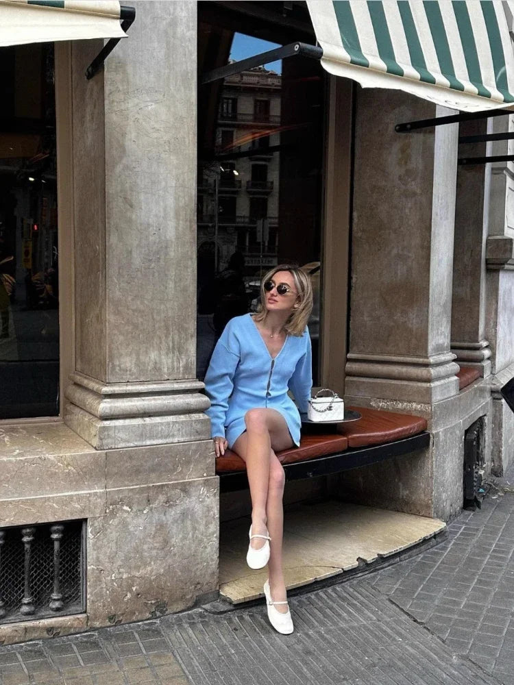 Women's Knit Tailored Cardigan and Skirt Set V-Neck Long Sleeve Jacket with High Waist Elastic A-Line Mini Skirt Stylish Two-Piece Outfit