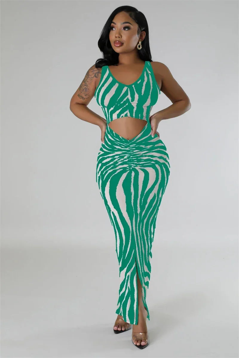 Zebra Print Bodycon Maxi Dress Ruched Sleeveless Party
