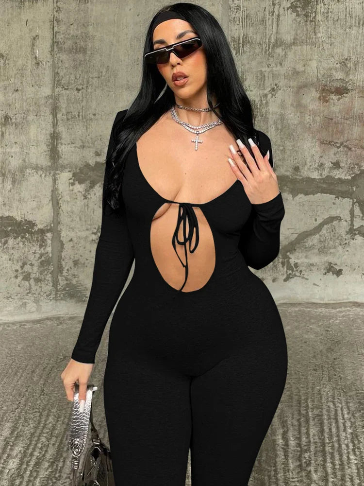 Solid V Neck Long Sleeve Hollow Out Lace Up Sexy Bodycon Jumpsuit Women's Fashion Streetwear Sporty Romper Overalls for Fall