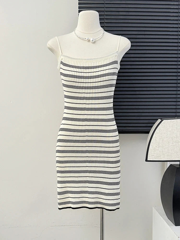 Striped Rib Knit Cami Dress Bodycon Spaghetti Strap Women