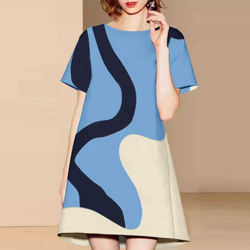 Women Colorful Printed Sundress Round Neck Short Sleeves