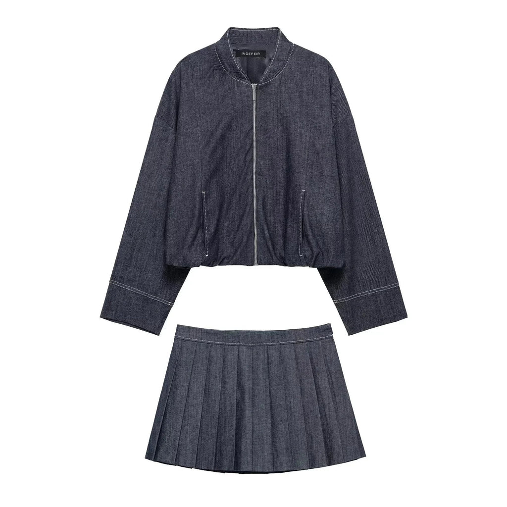 Casual Denim Loose Fit Women Suit Set with O Neck Zipper Bomber Jacket and Pleated Mini Skirt Vintage Inspired Spring Summer Fashion Ensemble