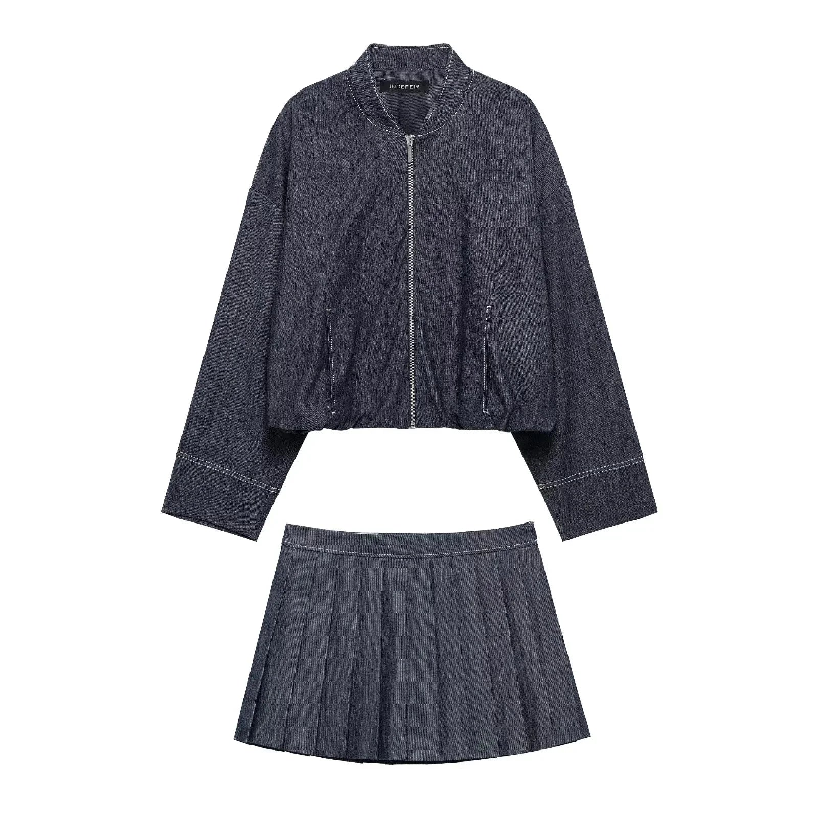 Casual Denim Loose Fit Women Suit Set with O Neck Zipper Bomber Jacket and Pleated Mini Skirt Vintage Inspired Spring Summer Fashion Ensemble