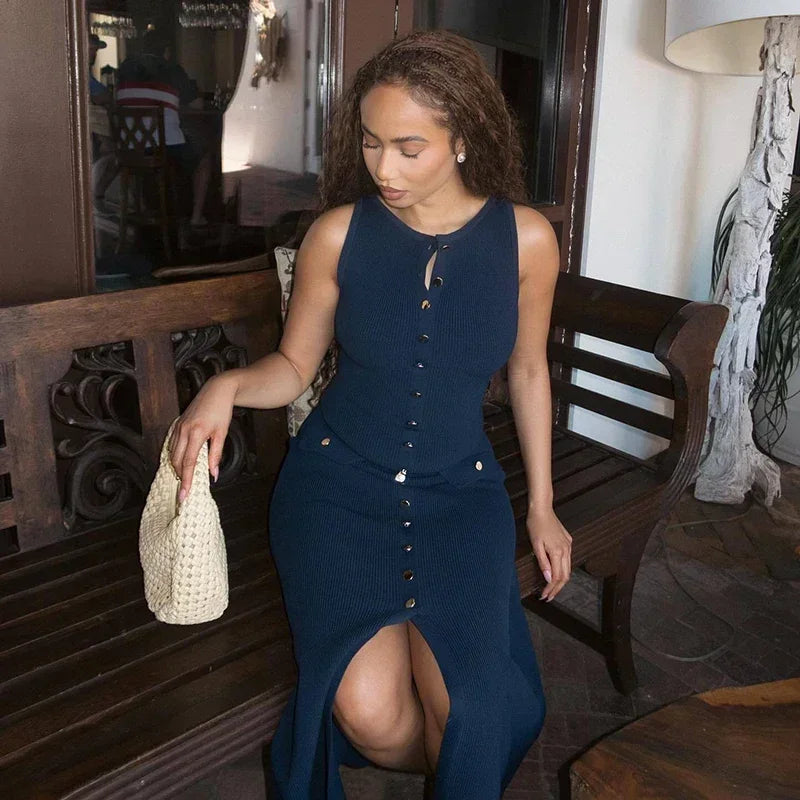 Elegant Sleeveless Ribbed Knit Bodycon Dress High Waist