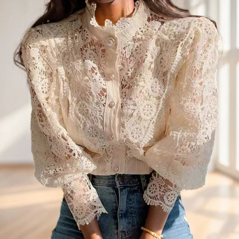 Women's Lace Petal Sleeve Blouse with Stand Collar Hollow Out Floral Patchwork Top Elegant Lightweight Shirt