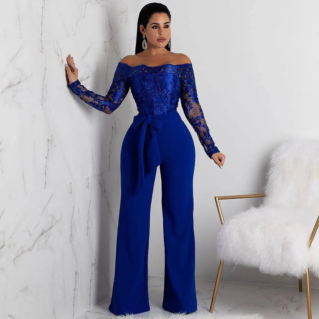 Appliques Lace Patchwork Off Shoulder Jumpsuit for Women with Slash Neck Long Sleeve and Elegant Wide Leg Pants Party Overalls