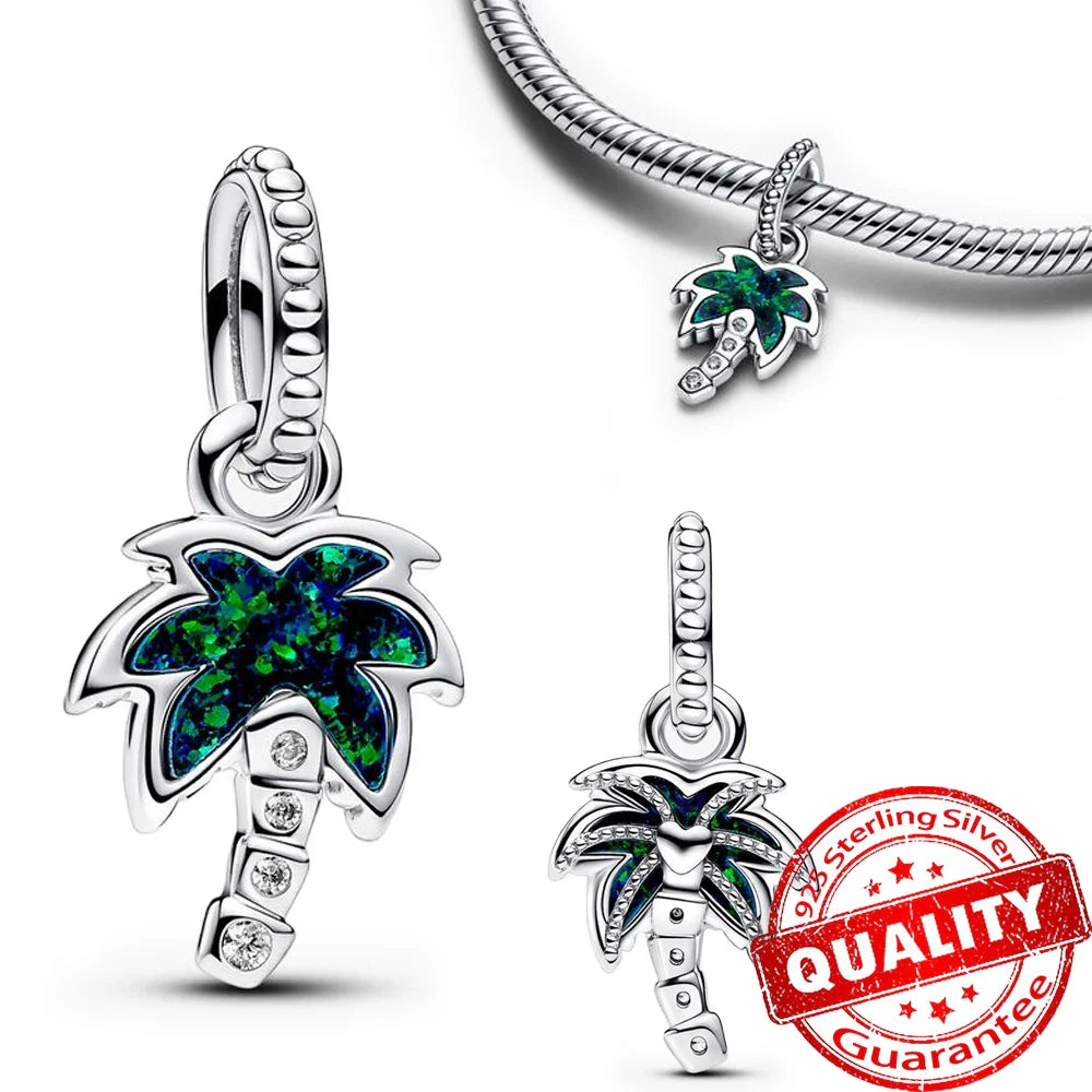 925 Sterling Silver Green Monstera Leaves Frog Dangle Charm for Necklace and Bracelet