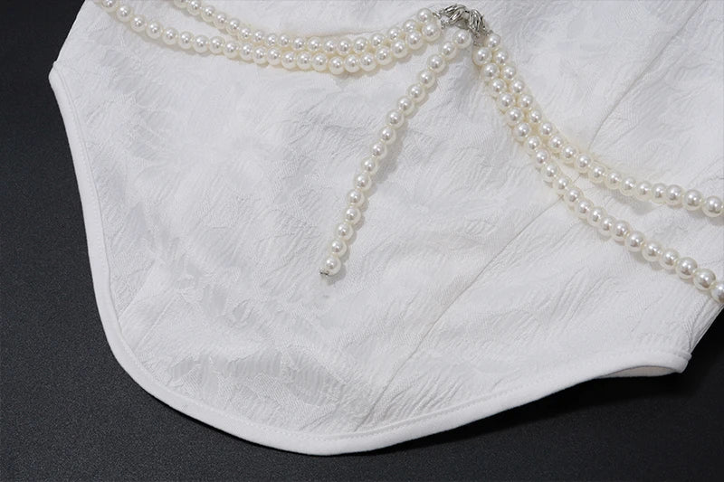 Solid Pearl Embellished Two Piece Set Sleeveless Floral Slim Fit Vest with Pleated Mini Skirt Summer Women's Fashion Ensemble