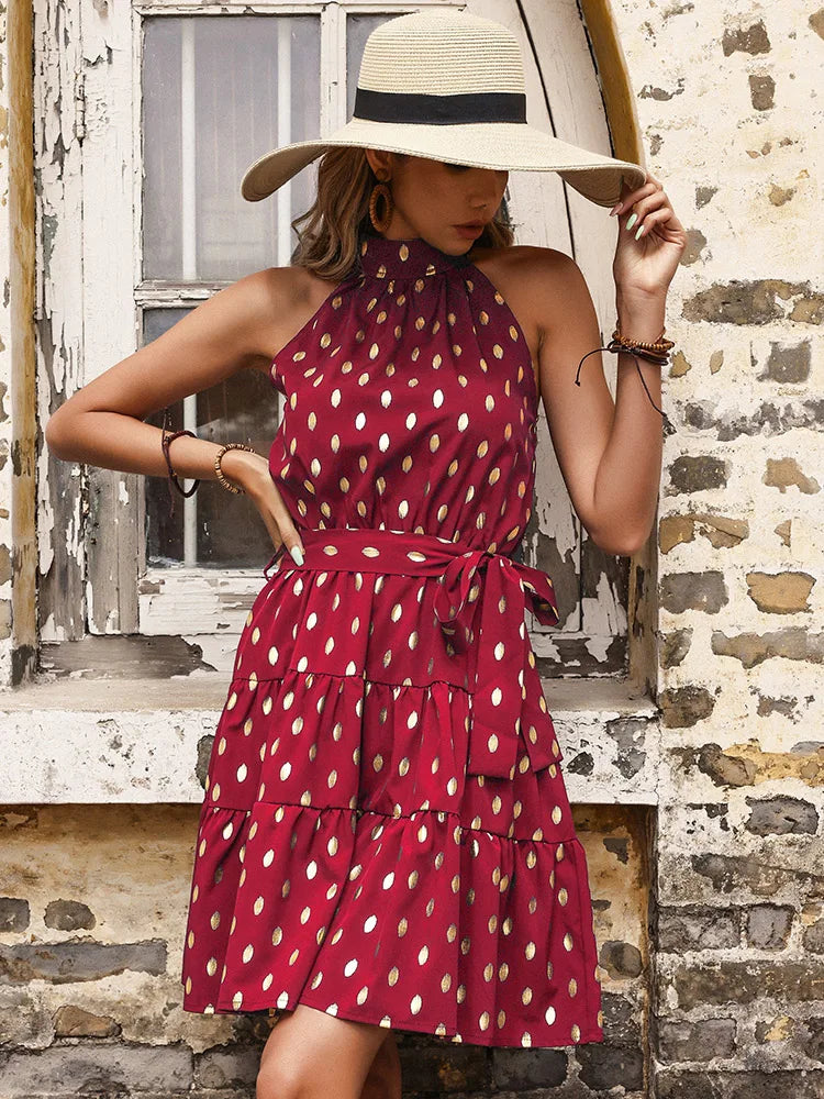 Sleeveless Dot Print Midi Dress With A Line Silhouette