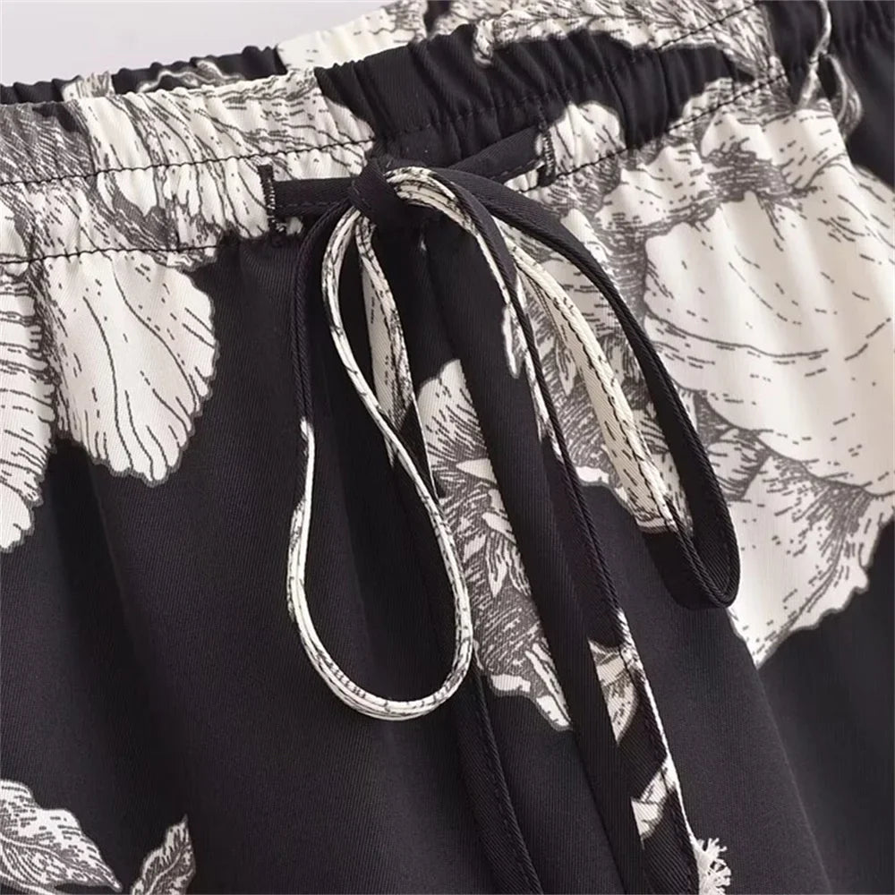 Casual Fashion Printed Collar Long Sleeve Shirt and Drawstring Pants Set for Women