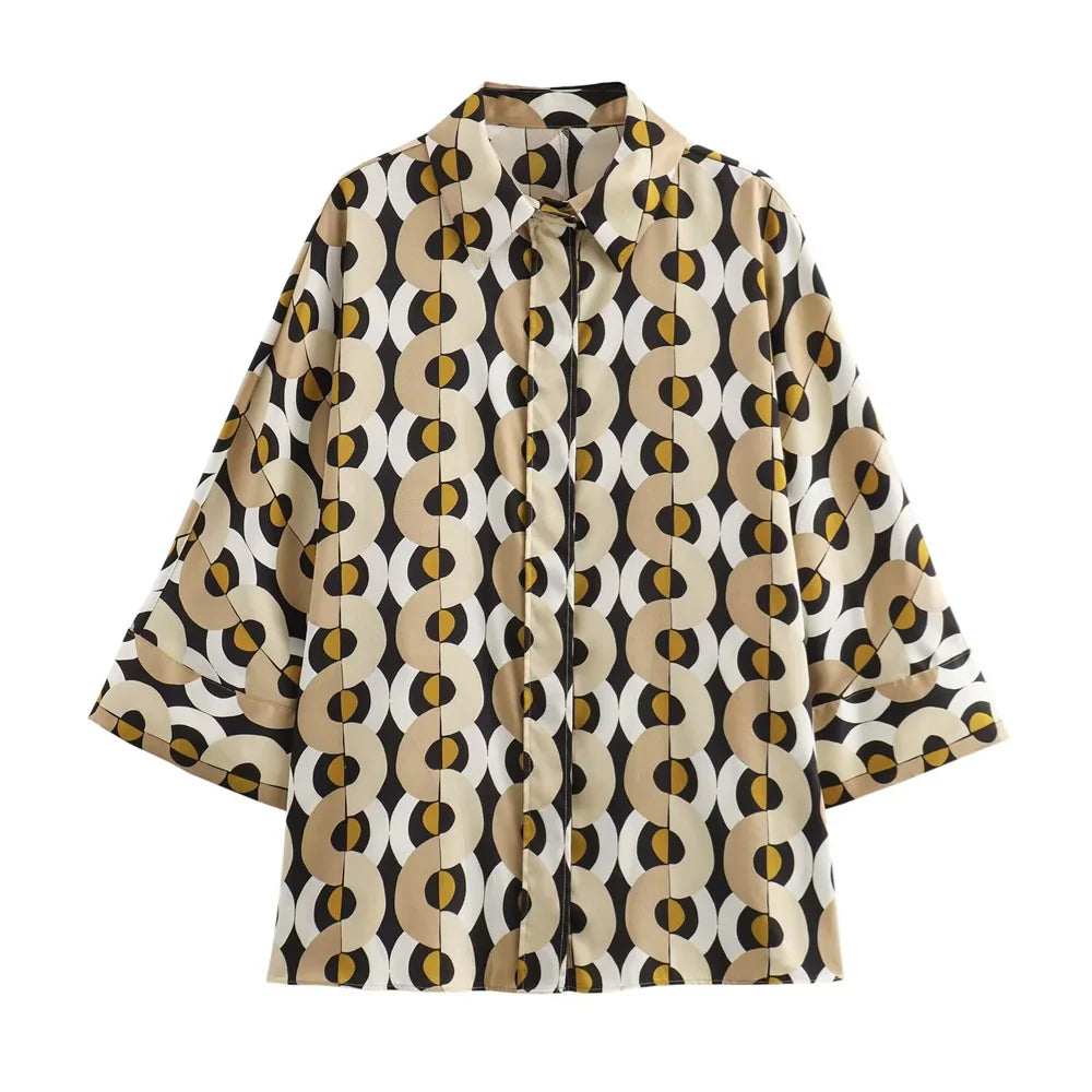 Casual Women's Fashion Geometric Printed Shirt with High Waist Straight Leg Pants Set for Sleek and Stylish Autumn Look