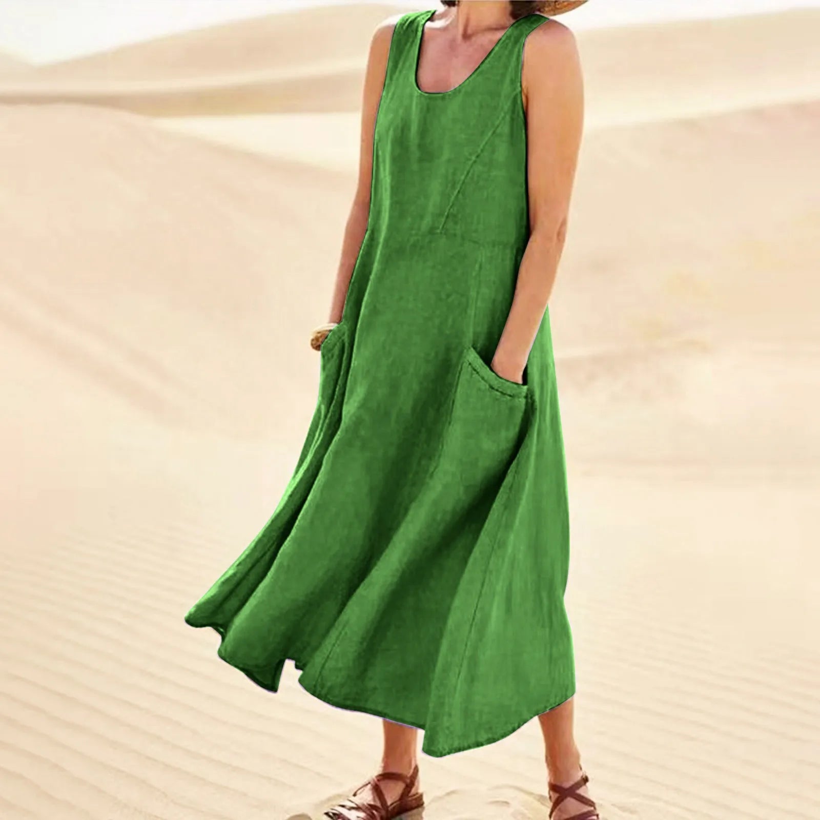 Cotton Linen Maxi Dress Plus Size Boho Sleeveless Pocket
