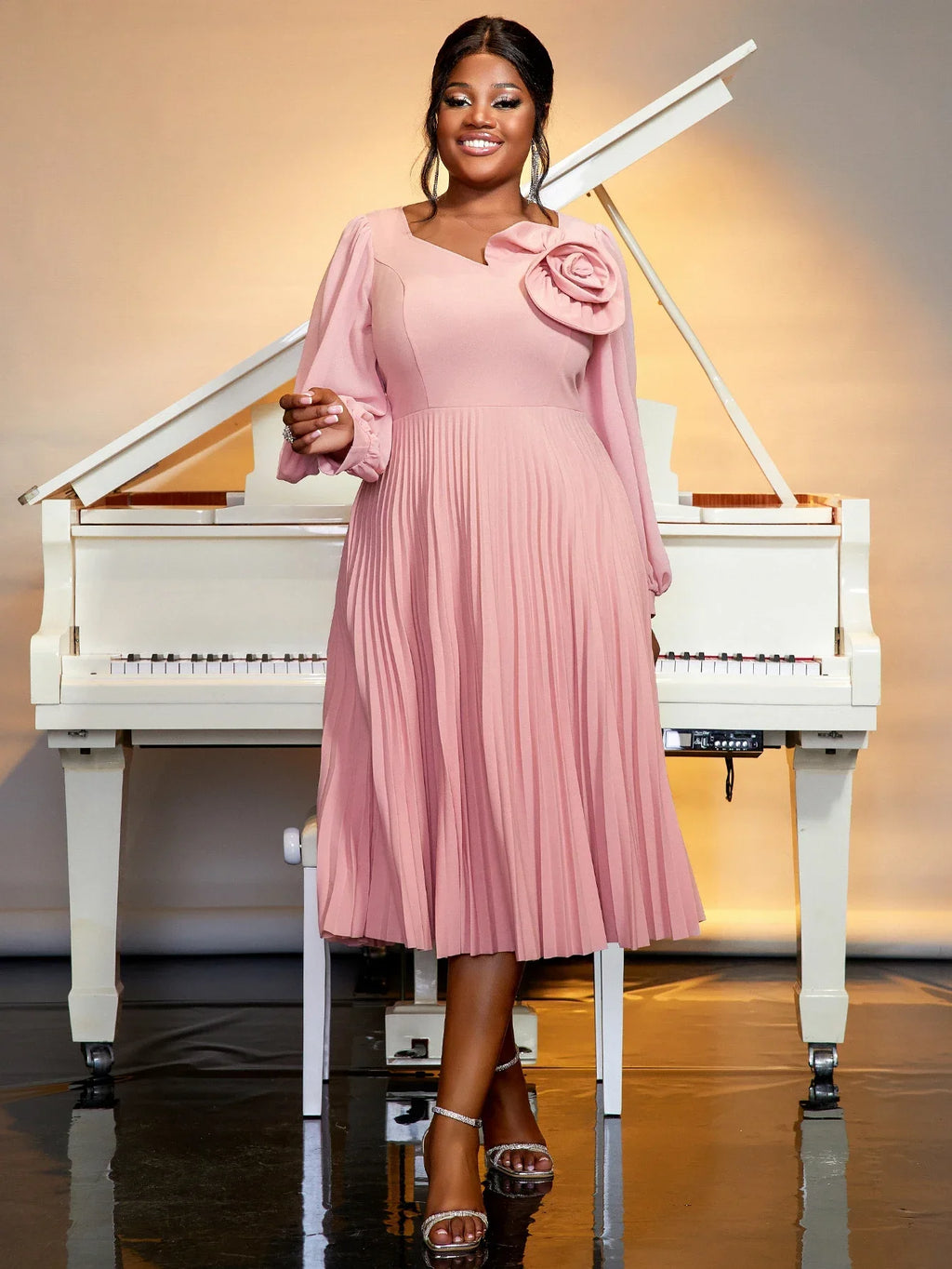 Pink Pleated Church Dress With 3D Rose For Wedding Guest