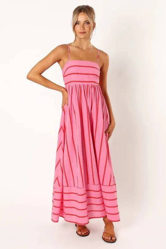 Bohemian Striped Maxi Dress With Hanging Straps For Women