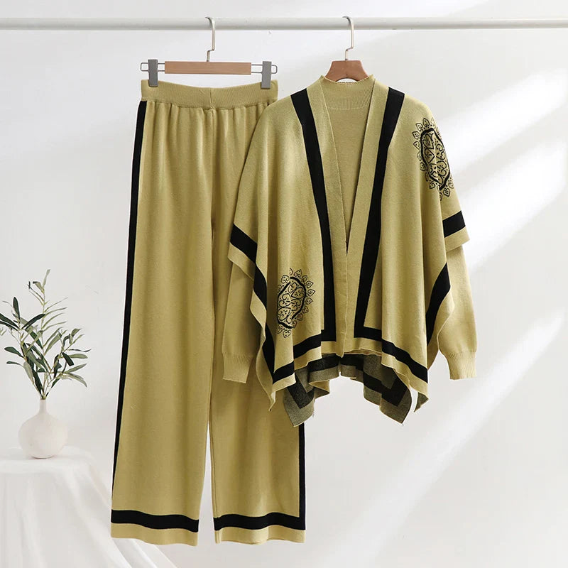 Elegant Floral Knitted Three-Piece Set for Women Featuring Knit Top and Wide Leg Pants for Autumn and Winter Casual Wear
