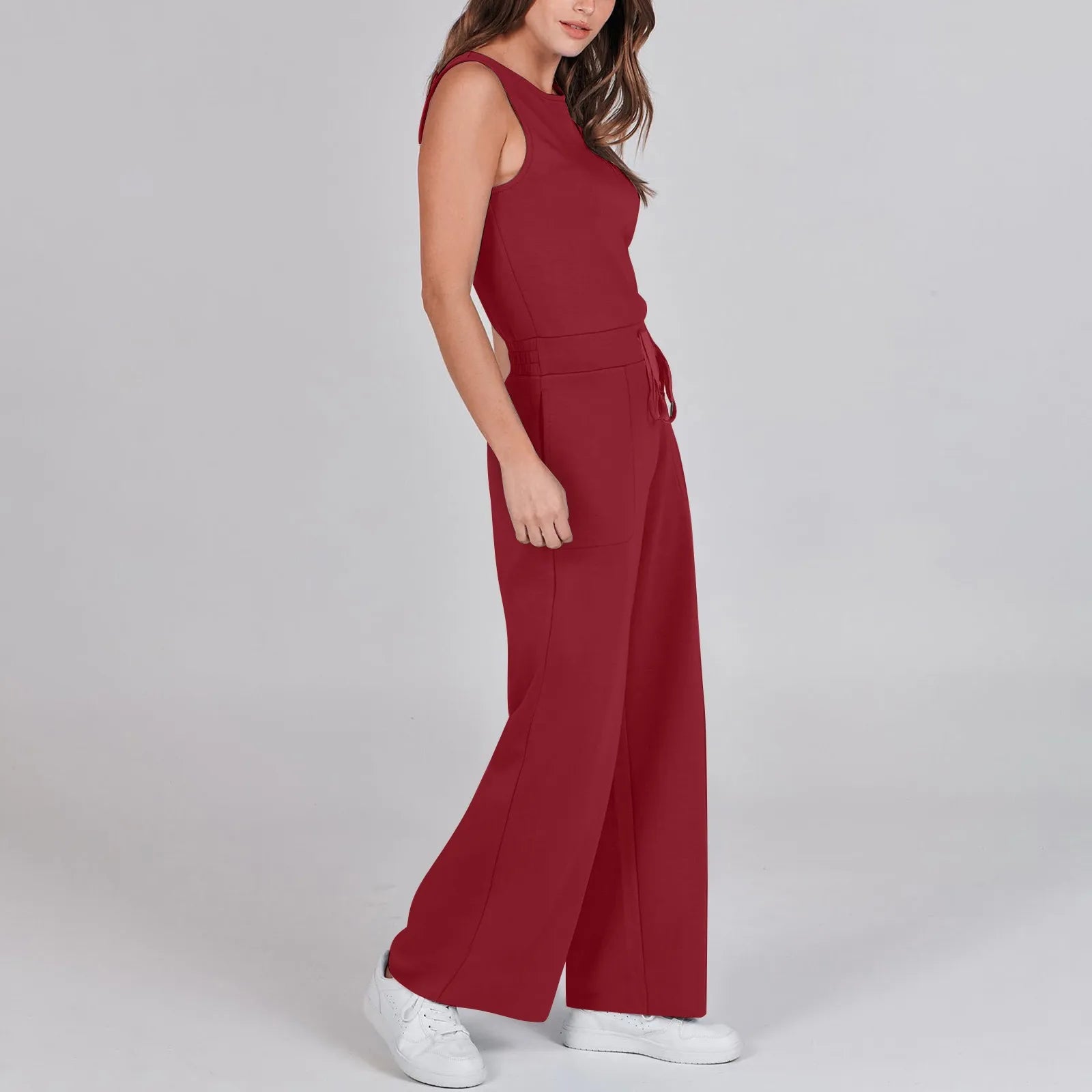 Women's Sleeveless Solid Color Casual Jumpsuit with Drawstring Waist Pockets Straight Leg Thin Commuting Outfit