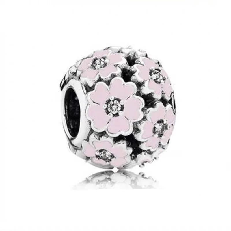 Sparkling Pink Cherry Blossom Daisy Charm Beads for 925 Silver Bracelet DIY Women's Jewelry Gifts