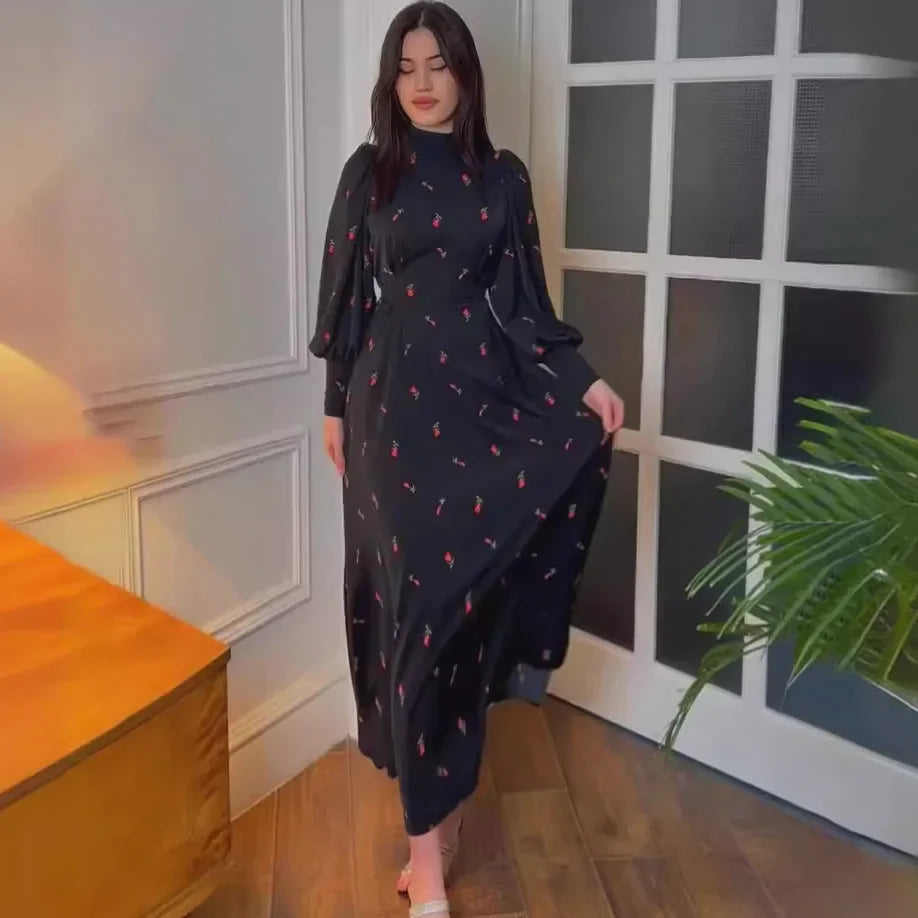 Black Print Dress For Women O Neck Long Sleeve Lace Up