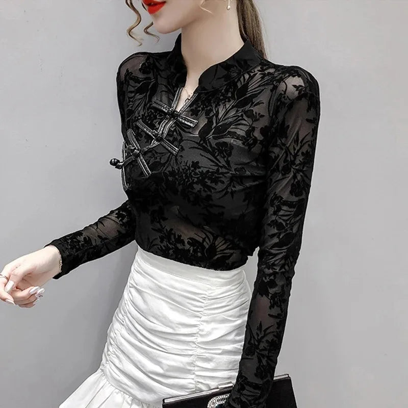 Elegant Mesh Lace Hollow Slim Fit Long Sleeve Shirt for Women Vintage-Inspired Sexy Bottoming Top