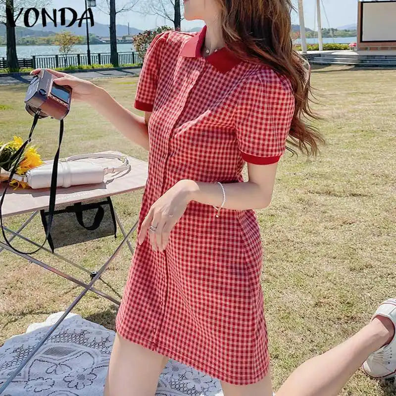 Boho Plaid Mini Dress Puff Sleeve A Line Sundress Style