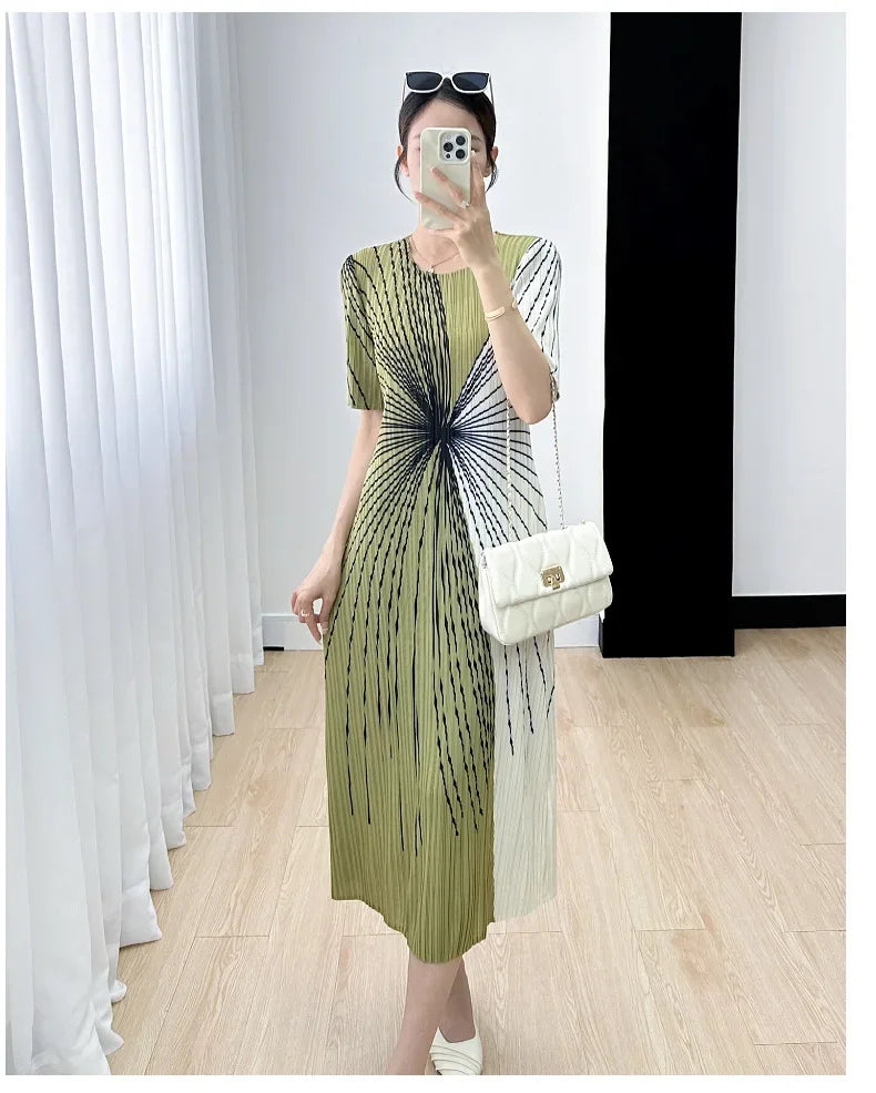 Women Pleated Dress Black White Print O Neck Short Sleeve