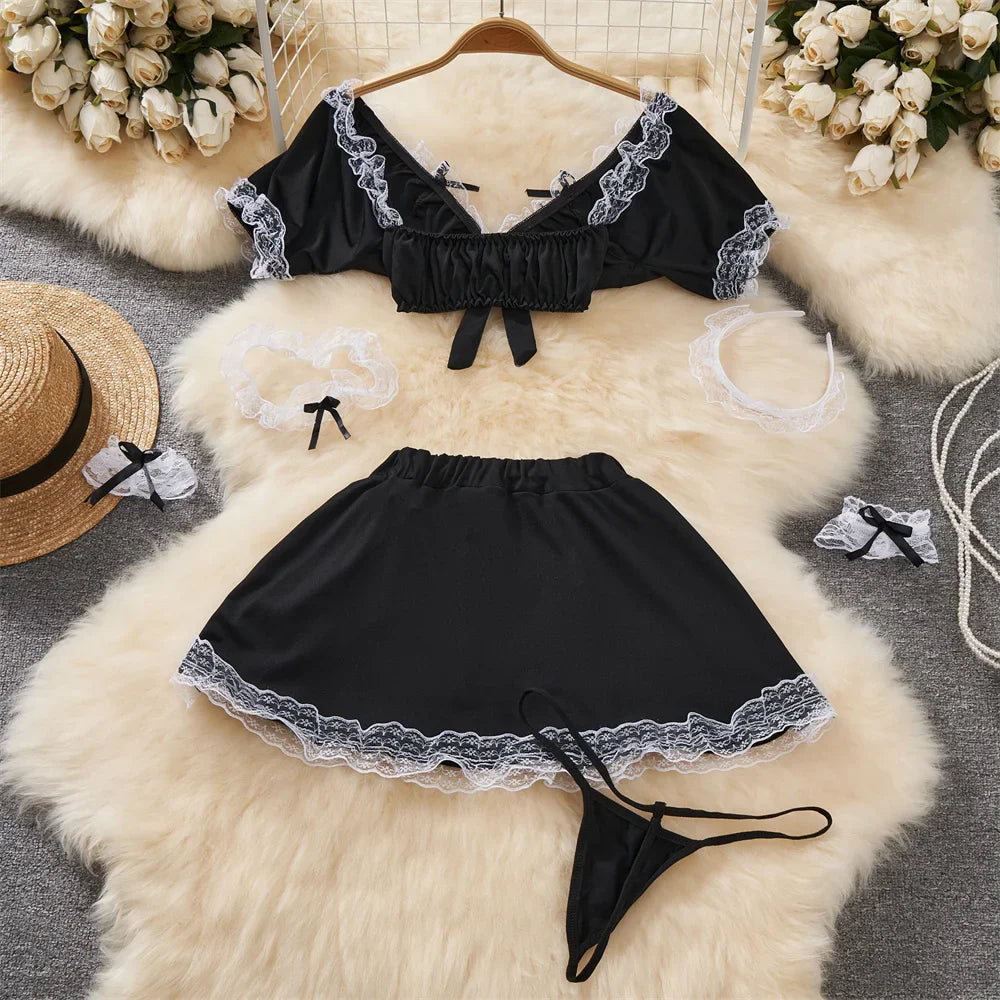 Sexy Maid Cosplay Lingerie Set with V-Neck Crop Top and Elastic Waist A-Line Mini Skirt