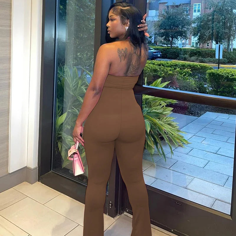 Sleeveless Halter Backless Bodycon Jumpsuit with Flare Pants Casual Rompers for Women Streetwear Festival Outfit
