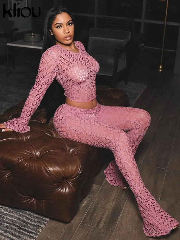 Sexy Coquette 2 Piece Set Sheer Long Sleeve Slim Top and High Waist Flare Pants Nightclub Outfit