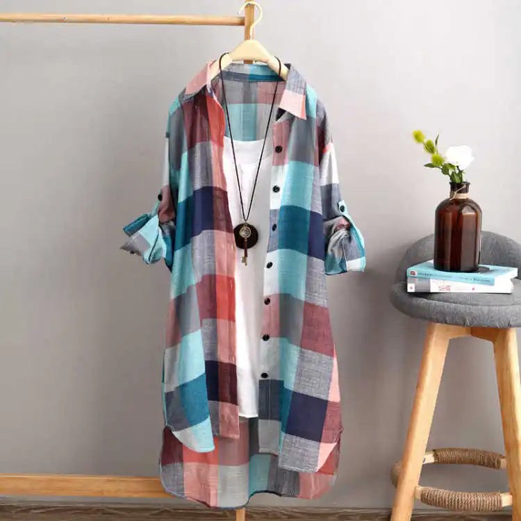 Casual Plaid Linen Cotton Long Sleeve Blouse Mid Length Loose Button Down Shirt for Women Autumn and Winter Fashion