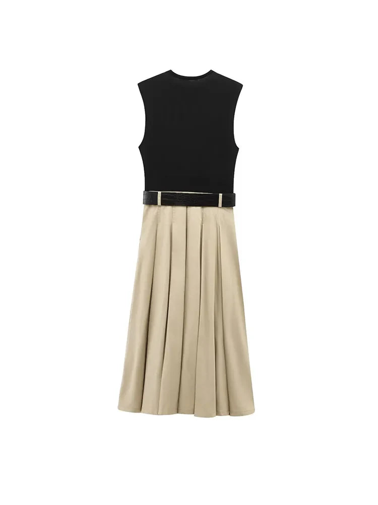 Women Patchwork Pleated Midi Dress Sleeveless Belt O Neck