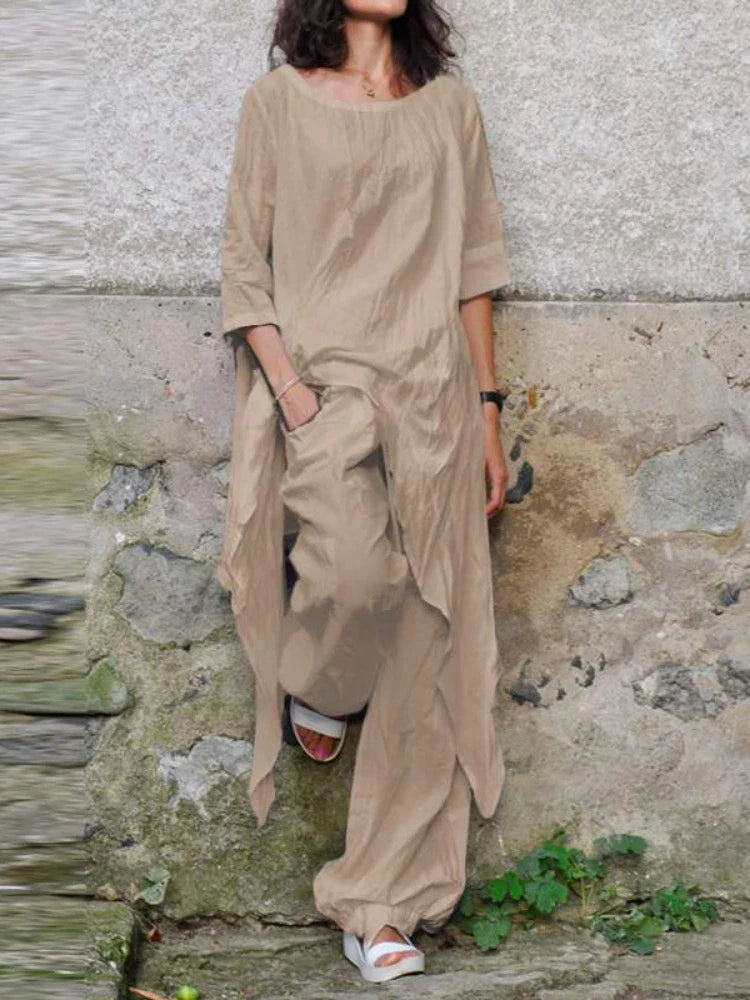 Casual Loose Cotton Linen Top with Irregular Hem and Round Neck Paired with Elegant Loose Leg Pants Two Piece Set