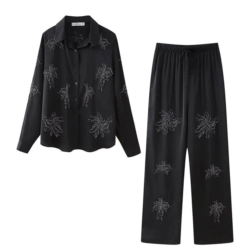 Women's Beaded Embroidery Long Sleeve Shirt and Loose Trousers Set with Lace Up Details