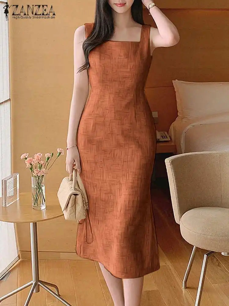Elegant Sleeveless Square Neck Mermaid Midi Dress for Women