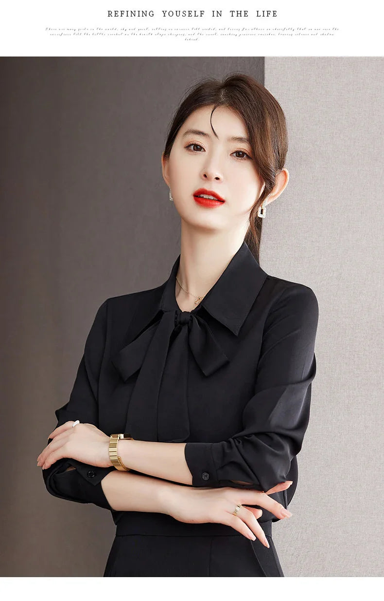 Elegant Bow Tie Ribbon Blouse for Women Lace Up Temperament Shirt Stylish Spring and Autumn Top