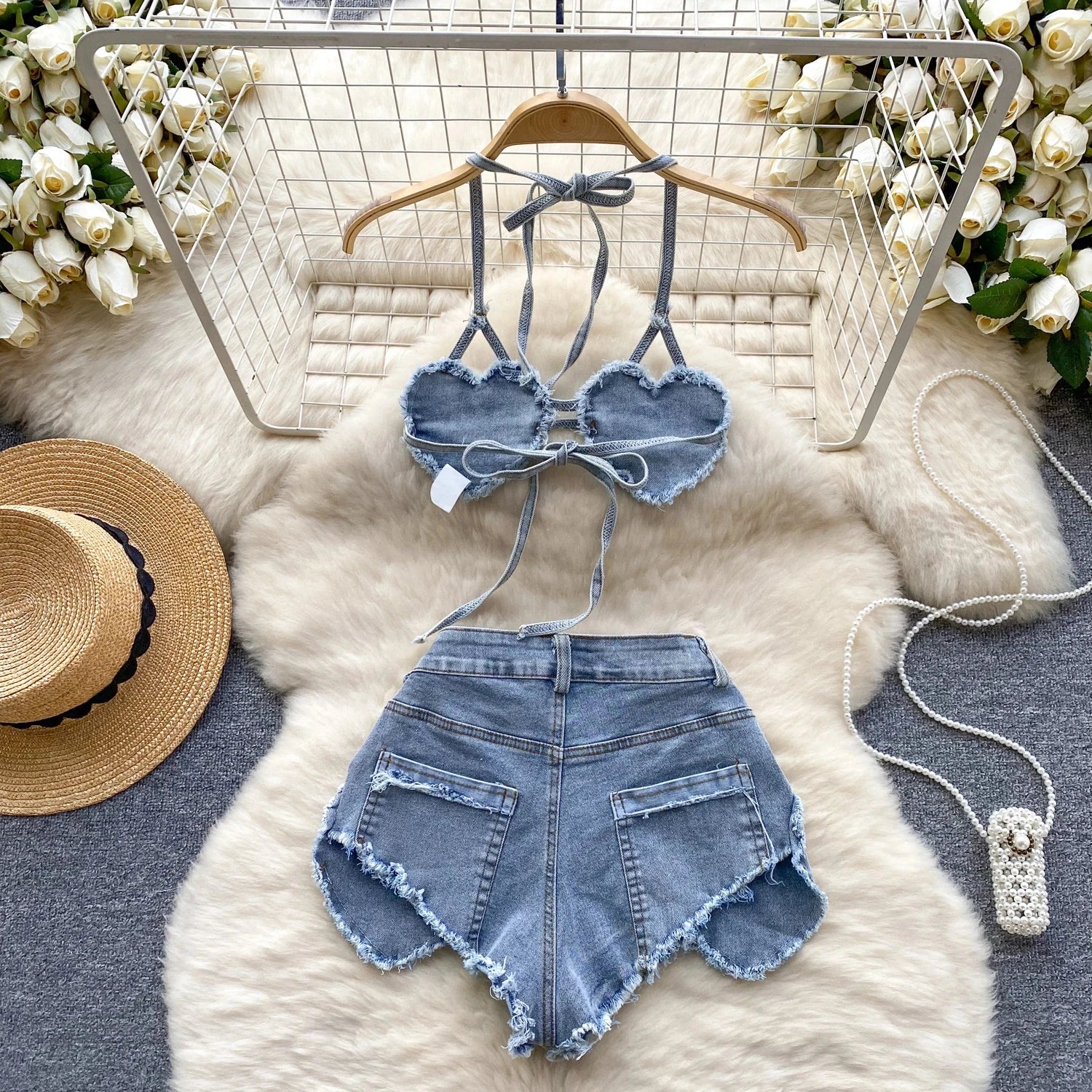 Blue Halter Sleeveless Backless Bikini Top with Buttoned Denim Shorts Sexy Vintage Beachwear Set