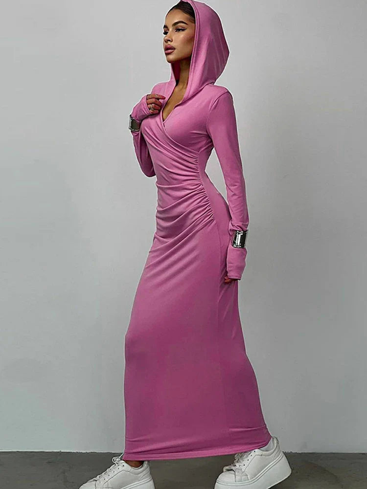V Neck Solid Maxi Dress With Draped Silhouette Long Sleeve