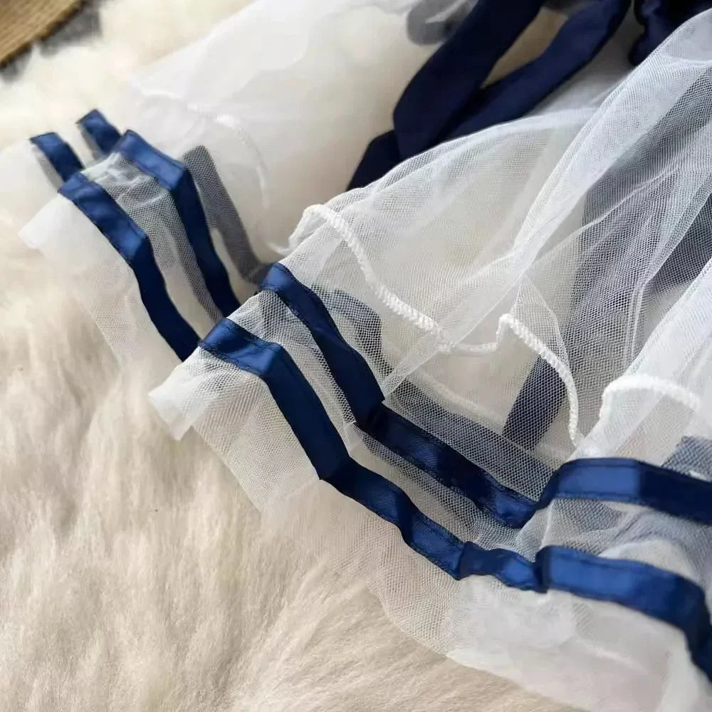 Women's Sexy Transparent Sailor Student Uniform Cosplay Costume Sheer Bowknot Stripe Patchwork Top with Mini Skirt Two-Piece Set