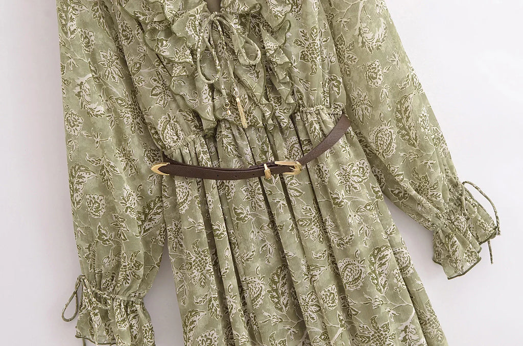 Spring French Design V Neck Printed Cinched Sleeved Dress